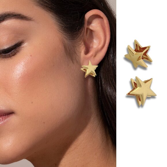 14K Gold Plated Celestial Star Hypoallergenic Huggie Style Earrings NEW - Picture 1 of 5